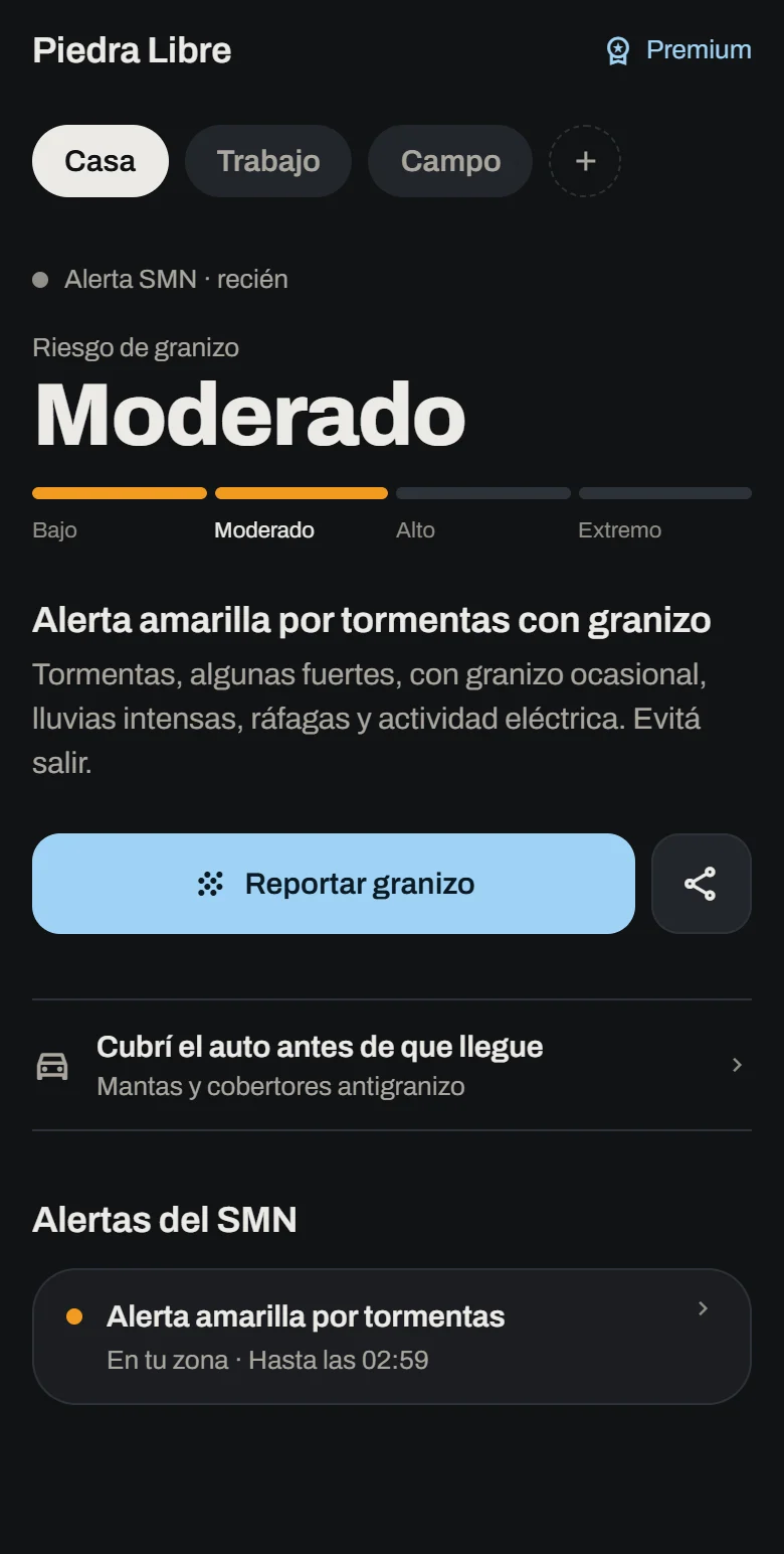 Pantalla de inicio de Piedra Libre con una alerta amarilla del SMN por tormentas con granizo