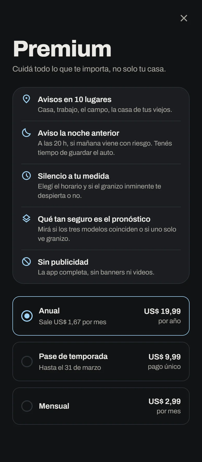 Pantalla de Premium con los planes