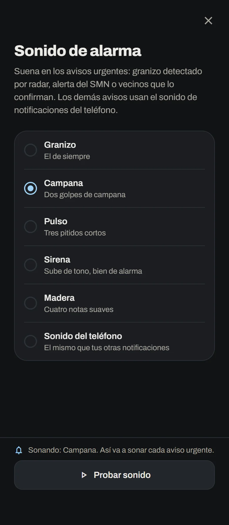 Pantalla para elegir el sonido de alarma